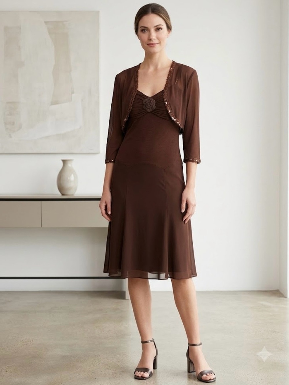 🔴 Brown Chiffon Dress with Cropped Bolero- Size 12